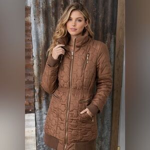 Daisy Quilted Puffer Coat Brown Zip Front Long Jacket- size small